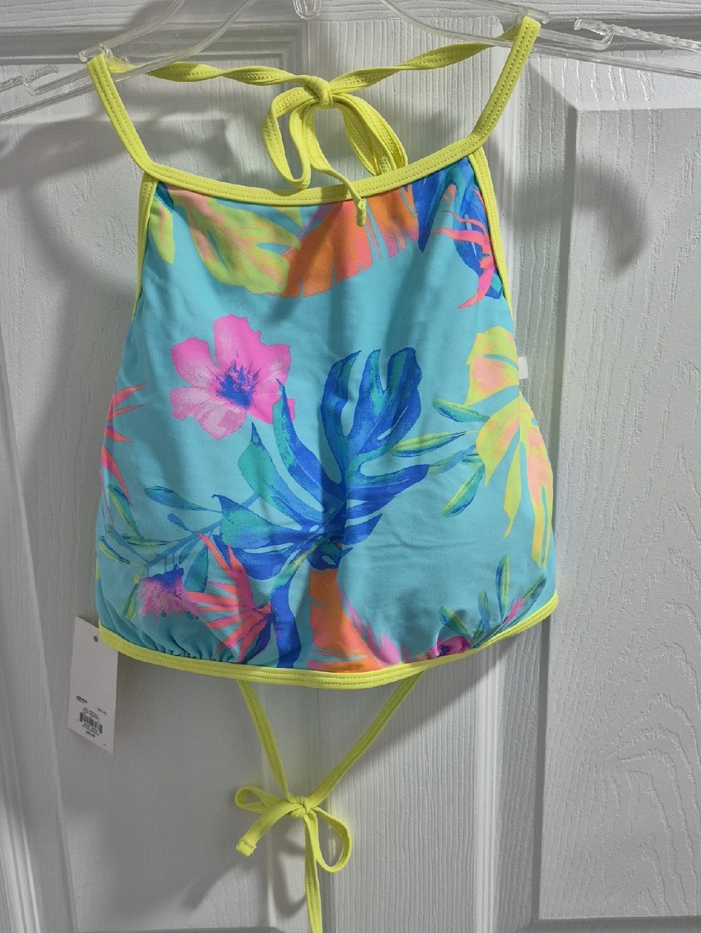SO Women's Tropical Floral Tankini Top in Aqua with Neon Yellow Trim